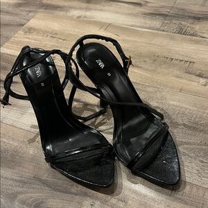 Zara Glossy Black Strappy Heels